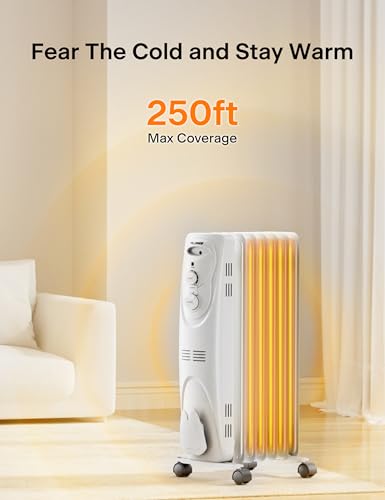 PELONIS Oil Filled Radiator Heater for indoor use Large Room Safe with Thermostat, 1500W Energy Efficient Quiet Space Heater, 3 Heat Settings, Overheat & Tip-Over, Black