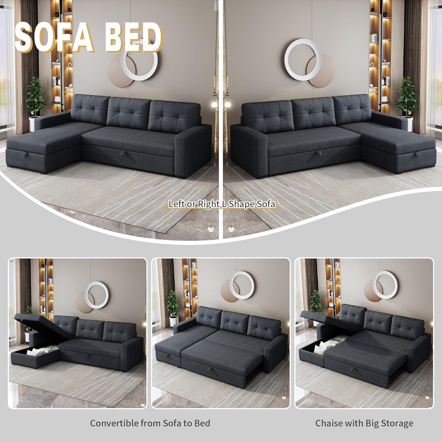 Sleeper Sofa Couch with Pull Out Bed,L Shaped Sleeper Sofa with Storage,Sectional Sleeper Couch,Convertible Sleeper Sectional Sofa W/Chaise and 3 Back Cushions,for Living Room,Office,Dark Grey