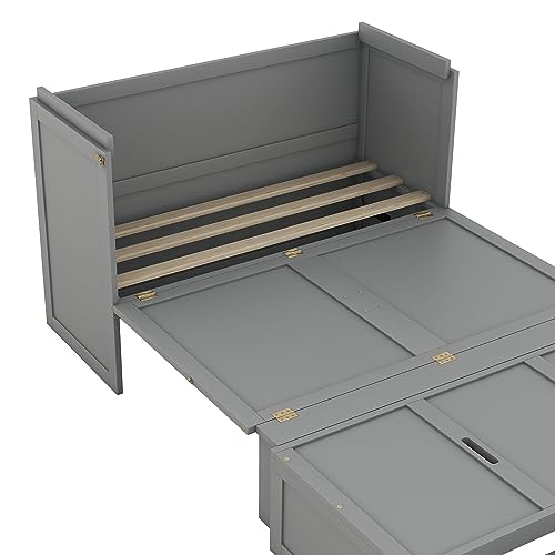 Full Size Murphy Bed, Cube Cabinet Space-Saving Murphy Bed with Shelf and Built-in Charging Station for Multipurpose Guest Room or Home Office,Gray