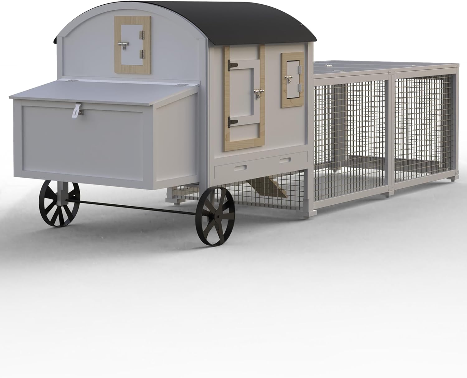 Chicken Coop, Outdoor Chicken Coop for 3-5 Chickens, 106in Chicken Coop with Run, Wooden Chicken Coop with Waterproof Roof, Nesting Box, Pull Out Trays and Ramp, White Carriage