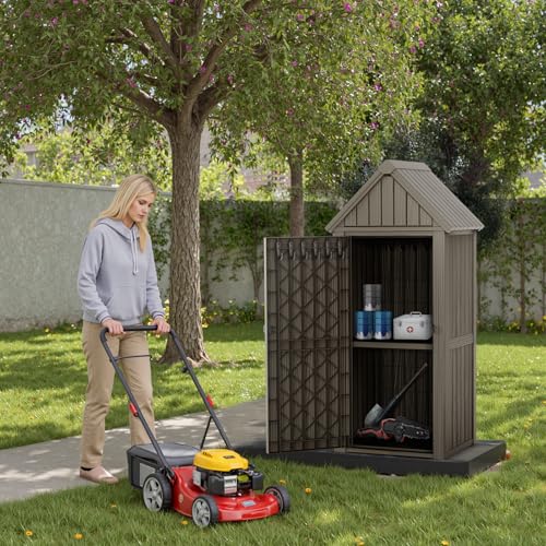 Outdoor Storage Shed,Resin Storage Cabinet with Lockable Door,Removable Shelves,Reinforced Floor,Durable and Weatherproof Shed for Backyard Garden Patio Lawn(Grey)
