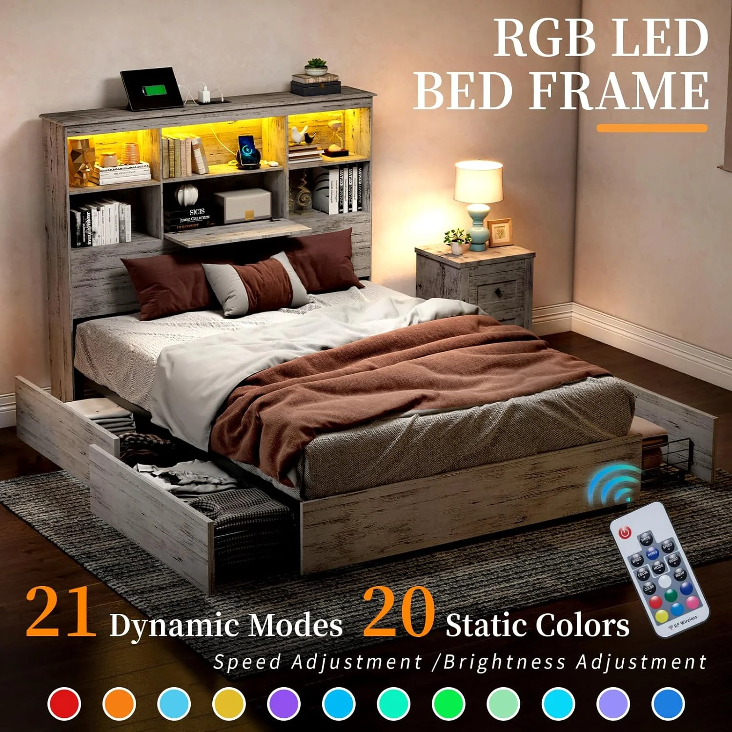 LUXOAK Queen Size Bed Frame with LED Bookcase Headboard, Wooden Storage Bed with Charging Station & 4 Drawers, White Birch