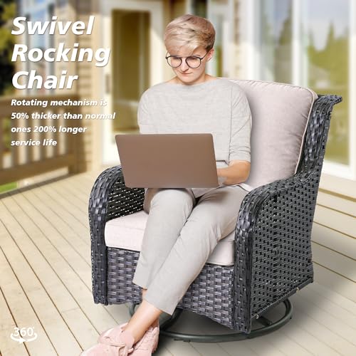 Patio Furniture Outdoor Furniture All Weather Wicker 7 Pieces Conversation Set with Swivel Rocking Chairs Matching Side Table,High Back Sofa,Ottomans and Coffee Table,Grey Wicker Denim Blue