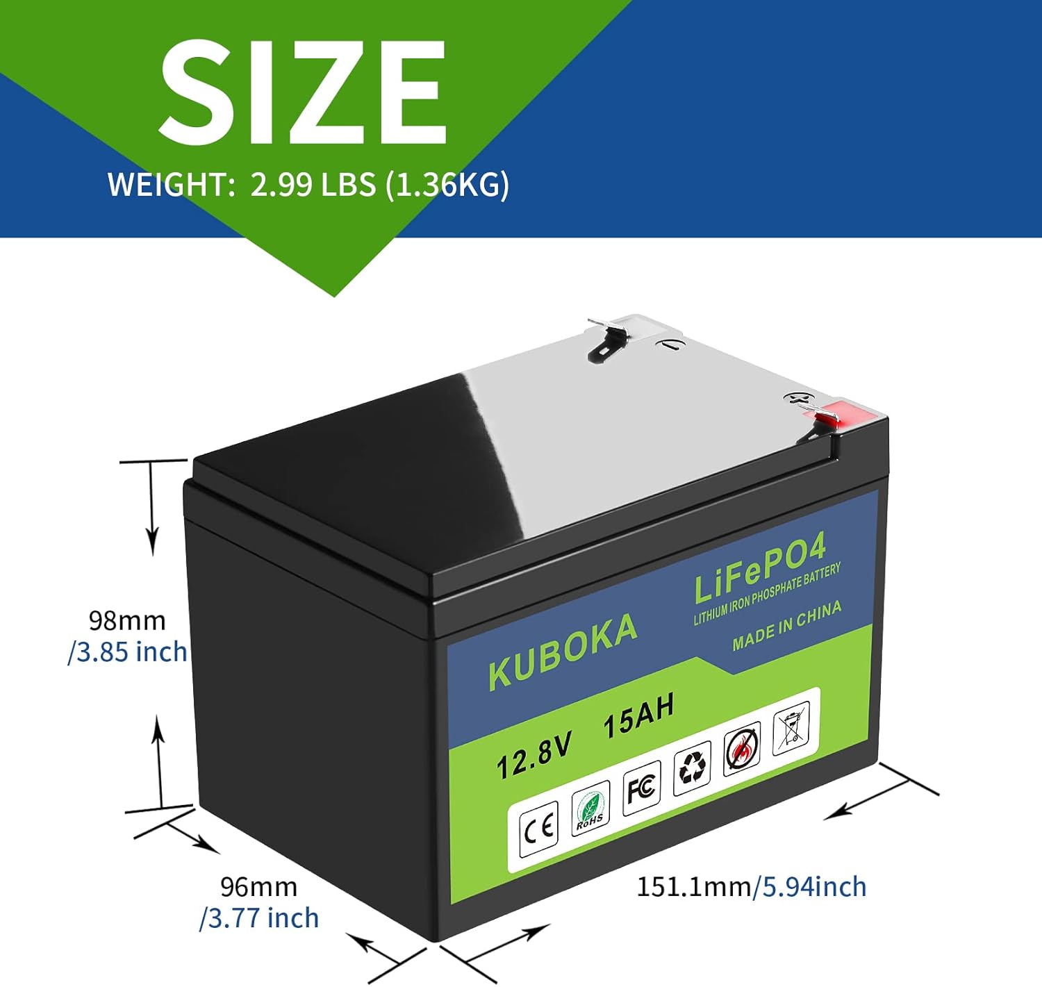 12 Volt Lithium Battery - LiFePO4 Battery | 12V 15Ah Lithium-ion Rechargeable Battery Deep Cycle Replace SLA Lead Acid Battery | Built-in BMS | Perfect for RV, Solar, Off-Grid Applications Pack of 2