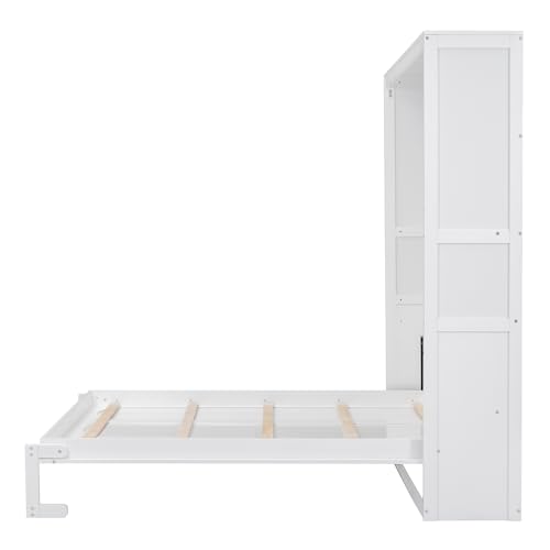 Queen Size Murphy Bed Wall Bed with Shelves, Modern Wall Bed with Shelves, Queen Size Wood Murphy Bed Cabinet Bed, Murphy Bed Chest Murphy Bed Frame, Horizontal Murphy Bed for Guest Bedroom, Grey