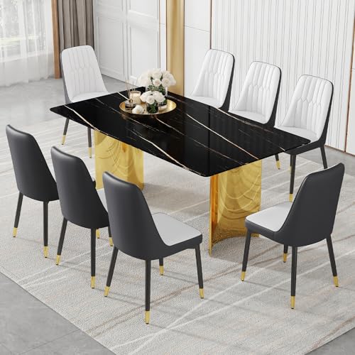Modern Dining Table Set for 6,White Kitchen Table Set for 6,Marble Textured Table Top with Golden Stainless Steel Base,71'' Gold Dining Room Table with 6 Black Upholstered Dining Chairs