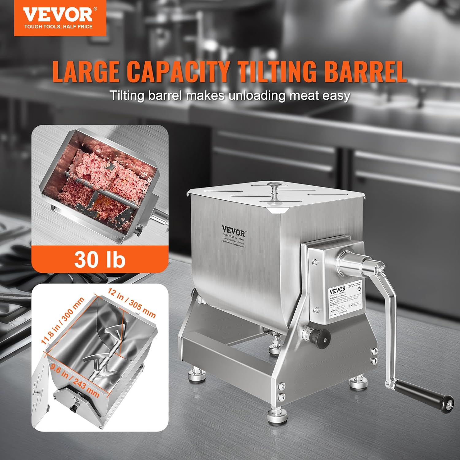 VEVOR Manual Meat Mixer, 30 Pound Capacity Tilt Tank Meat Mixer, Stainless Steel Meat Processing Equipment, Sausage Mixer Machine with Lid and Handle, Ground Beef Hand Mixer, Silver