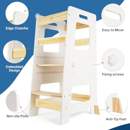 WOOD CITY Kitchen Step Stool - Safe Montessori Standing Tower for Kids with Safety Rail, Height Adjustable Toddler Ideal Helper for Learning New Skills, Anti-Slip Protection for Bathroom - Green…