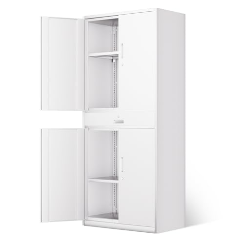 DNA MOTORING 71'' Metal Storage Cabinet, Locking Tool Cabinet with 1 Drawer and Adjustable Shelves, Lockable Heavy Duty Metal Locker for Garage,Office,Home,Gym, Gray, TOOLS-00629-GY-GY-A