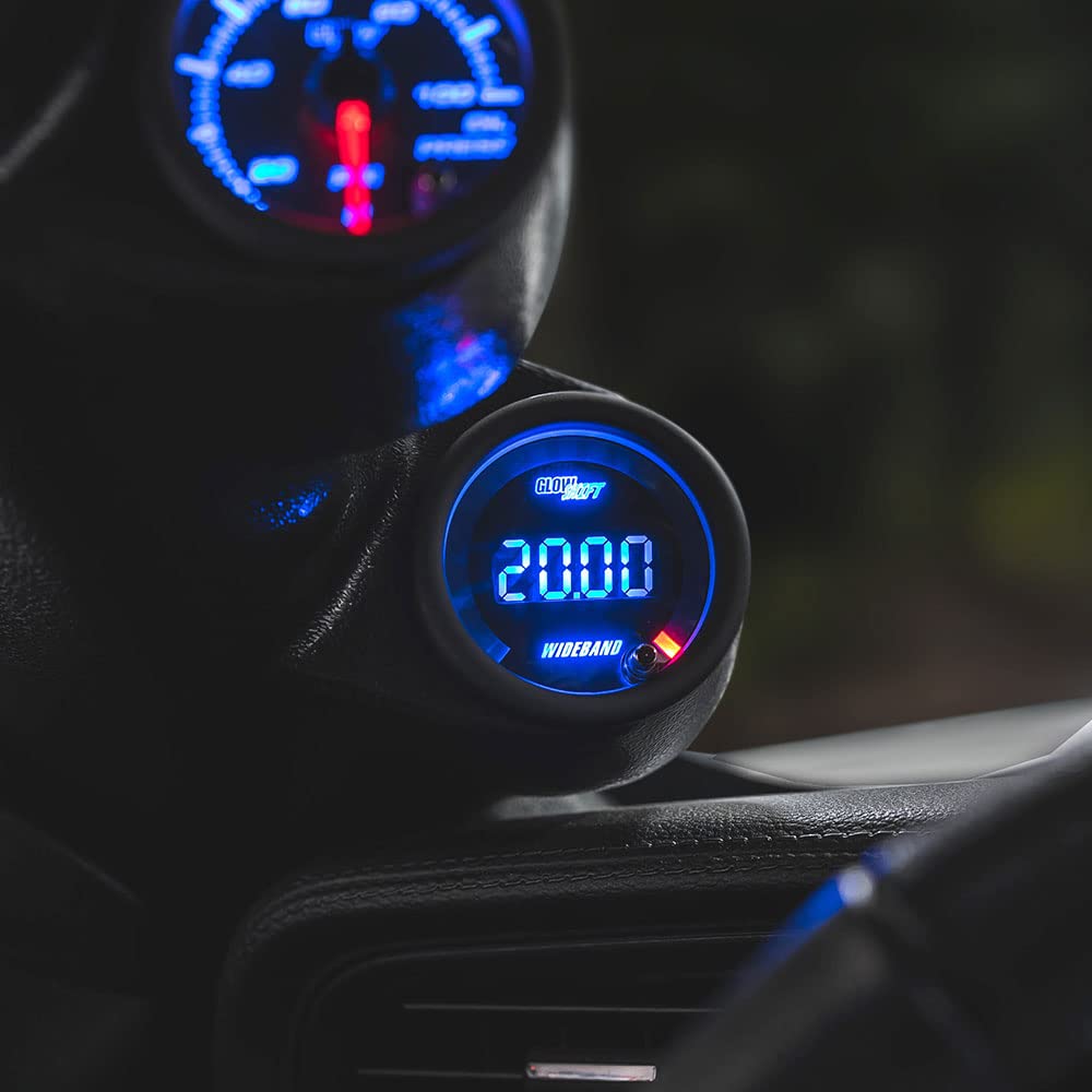 GlowShift Black 7 Color Digital Wideband Air / Fuel Ratio AFR Gauge Kit - Includes Oxygen Sensor, Data Logging Output & Weld-in Bung - Multi-Color LED Display - Clear Lens - 2-1/16" 52mm