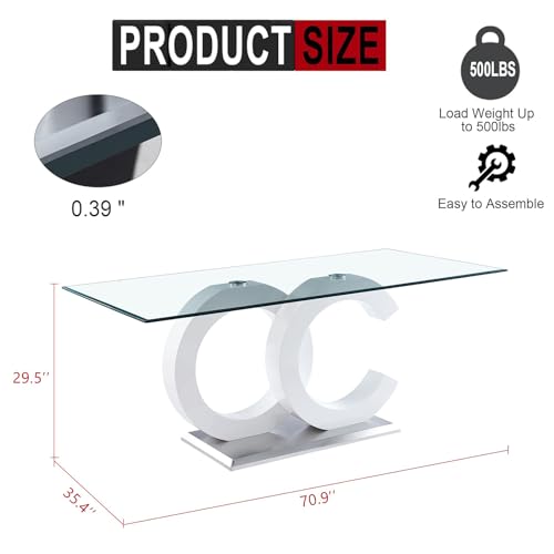 70 inch Glass Dining Table for 8, Modern Clear Tempered Glass Dining Room Table with Golden Stainless Steel Pedestal, Large Rectangular Glass Kitchen Table for Dining Room Dinner Office