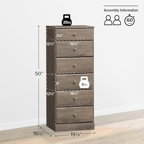 Prepac Sonoma 6 Drawer Dresser for Bedroom, Tall Chest of Drawers, Bedroom Furniture, Clothes Storage and Organizer, 19" D x 23.25" W x 52.75" H, Black