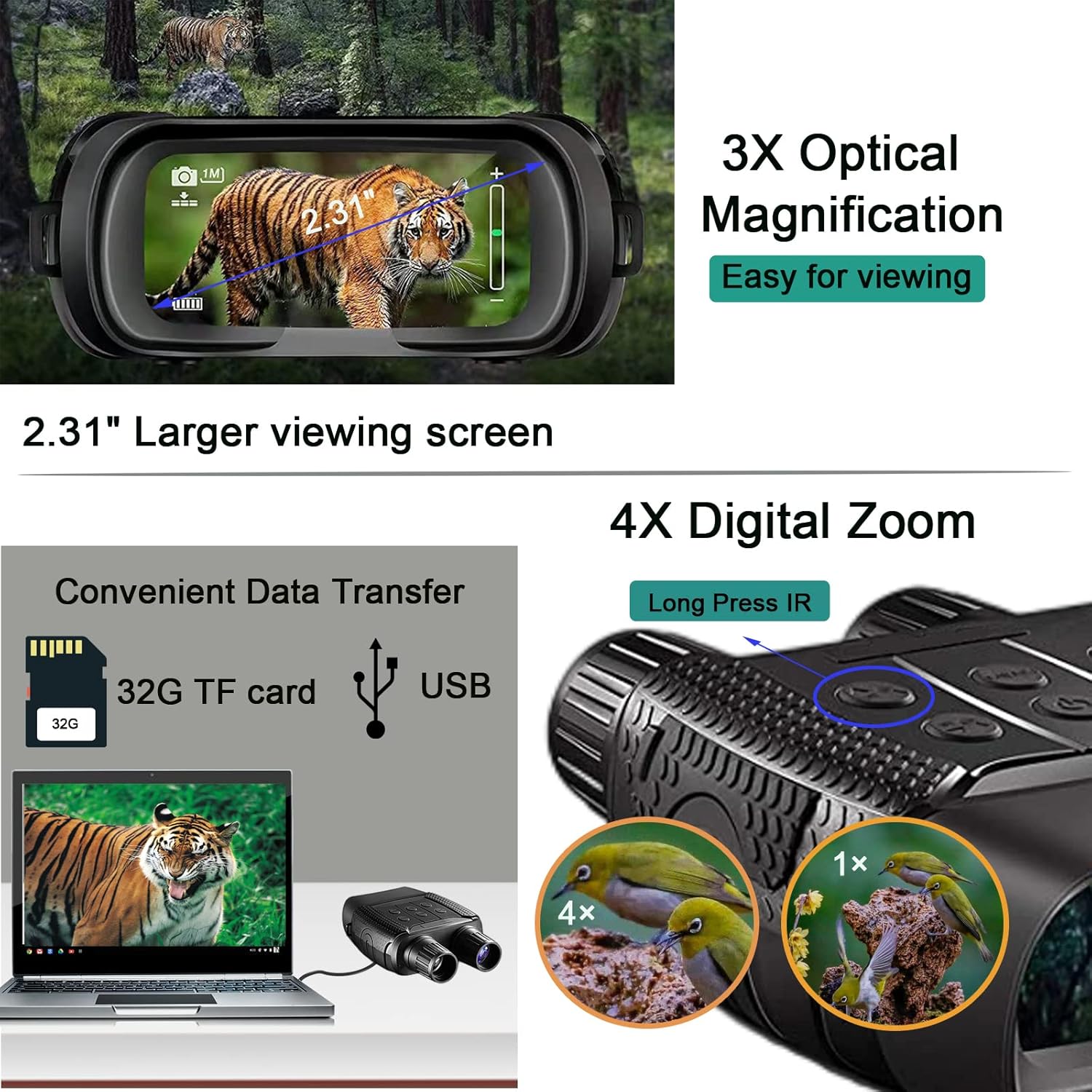Night Vision Goggles and Day Binoculars for Viewing in 100% Darkness HD960p Image Video 32G TF Card-Digital Infrared Goggles Military for Hunting & Surveillance 984ft/300M in Dark with 2.5 LCD Screen