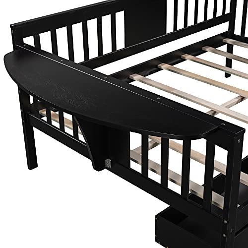 Twin Size Wooden Extendable Daybed with Trundle and 2 Storage Drawers, Platform Day bed with Wood Slat Support, for Bedroom, Living Room, No Spring Box Needed, Easy Assemble