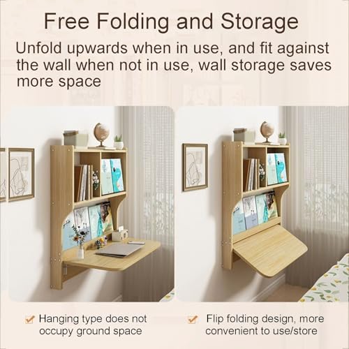 Wall Mounted Drop-Leaf Table, Wall Mounted Floating Folding Table with Storage Shelves, Multifunctional Computer Workstation, Folding Hanging Storage Cabinets Space Saving Drop-Leaf Table(Brown)