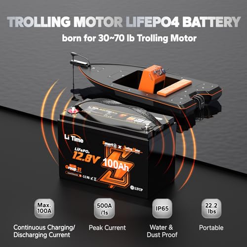 LiTime 12V 100Ah Trolling Motors Lithium Battery, Group 31 Bluetooth LiFePO4 Battery | Low-Temp Protection | 100A BMS | Bluetooth 5.0 | Perfect for Marine, Boat, RV, Home Energy Storage