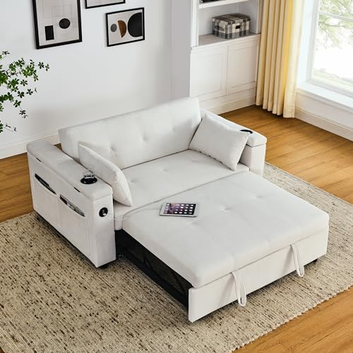 3 in 1 Convertible Sofa Bed 54" Pull Out Couch Bed Chenille 2-Seater Sleeper Sofa Bed with USB Power Outlet,Pillow and Side Pockets, Adjustable Backrest for Apartments, Office, Living Room (White)