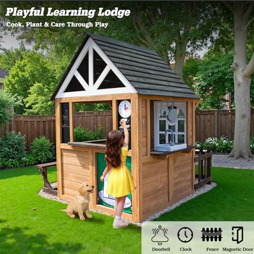 Kids Playhouse Outdoor,Wooden Play House Playset for Kids, Large, Sturdy, Realistic Design with Kitchen, Doorbell, Flower Pot, Stove, Sink & Clock, Perfect for Kid Ages 3-8 (Gray)