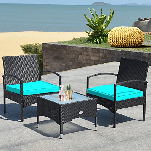 COSTWAY 3 PCS Patio Wicker Conversation Set, PE Rattan Sofa with Tempered Glass Coffee Table, 2 Chairs, 2 Cushions, Outdoor Patio Furniture Set for Yard Porch Bistro Balcony Backyard Pool, Red