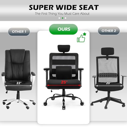 Extra Wide Seat Office Chair 500lbs Big and Tall Heavy Duty Ergonomic Mesh High Back Desk Chair with Adjustable Headrest, Lumbar Support, Arms for Home & Office