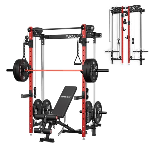Mikolo Folding Squat Rack, Wall Mounted Power Rack with Cable Crossover Machine & LAT Pull Down, Functional Trainer with 5 Adjustable Function Modes, for Home Gym and Space Saving