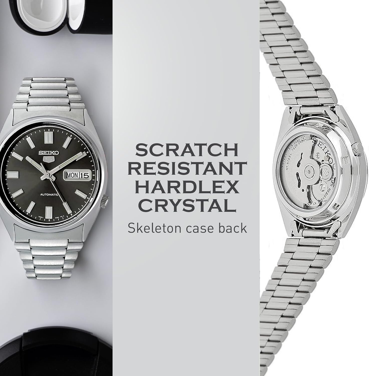 SEIKO SNXS79 Automatic Watch for Men 5-7S Collection - Black Dial on Silver with Luminous Hands, Day/Date Calendar, Stainless Steel Case & Bracelet