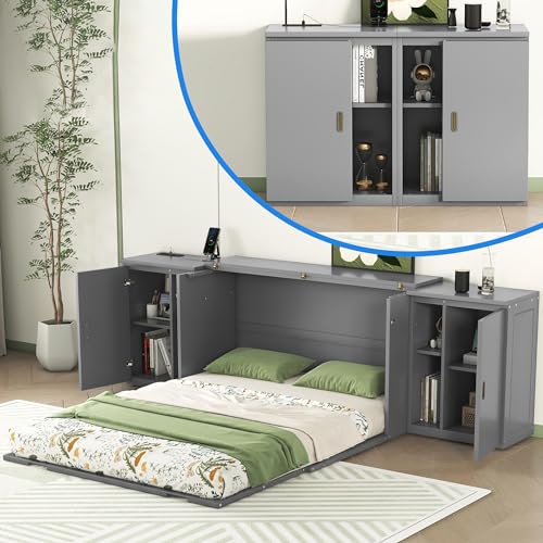 Queen Murphy Bed with Shelves, Modern Wall Bed Murphy Bed with Shelves, Cabinets, USB Ports, Wood Murphy Bed Cabinet Bed, Murphy Bed Chest Murphy Bed Frame for Guest Bedroom, Space-Saving, White