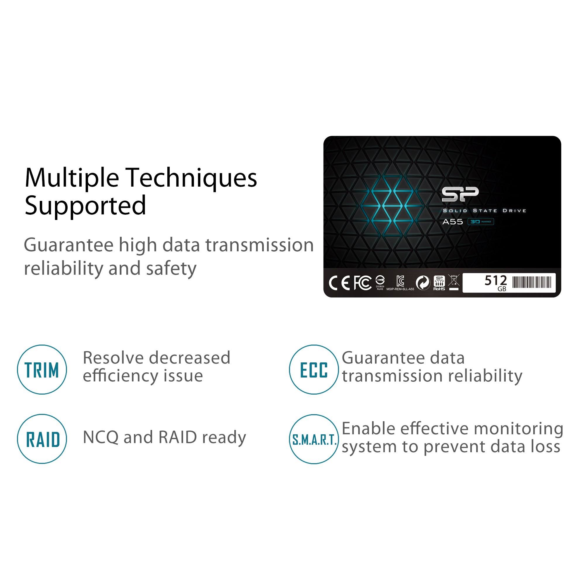 Silicon Power A55 SSD 3D NAND SLC Cache Performance Boost SATA III 2.5x22 7mm (0.28x22) Internal Solid State Drive 512GB