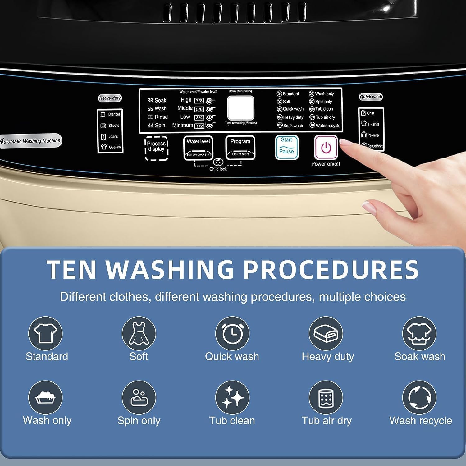 Full Automatic Washing Machine with LED Display, 10 Programs & 8 Water Levels Selections, 15.6Lbs for Home, RV, Camping, Apartment, Dorm - Gold