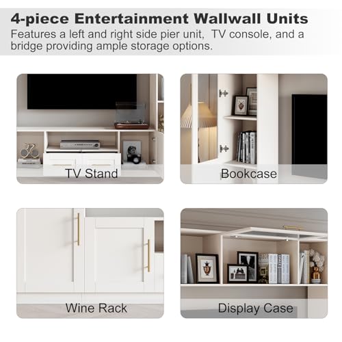 Entertainment Wall Unit for Living Room with Storage Bridge, Modern TV Stand with Glass Doors & Shelves, TV Media Console Table for TVs Up to 70", Entertainment Center with Bookshelves White