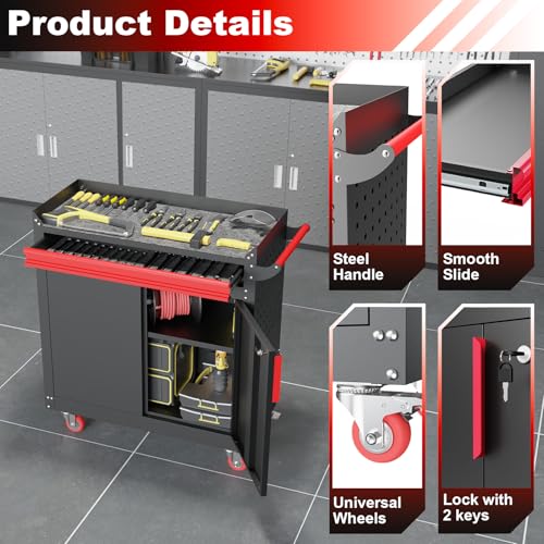 Metal Garage Storage Cabinet, Tall Garage Cabinets with 5 Adjustable Shelves, Steel Tool Storage Cabinet with Wheels,Lockable Heavy Duty Metal Cabinets for Home, Warehouse,Basement