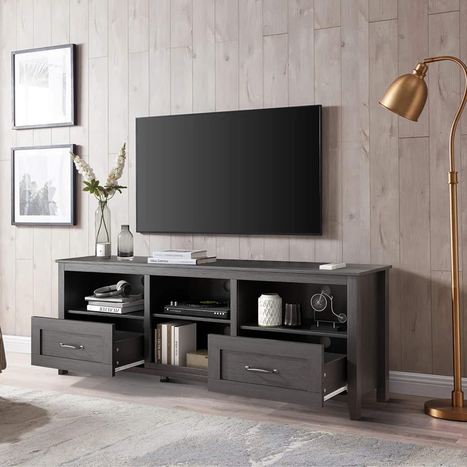 Black TV Stand for 55/65/70/75/80 inch TV, TV Media Center, Modern Entertainment Center with Drawers Wood Storage Cabinet Media Console for Living Room, Bedroom, 70 inch Long