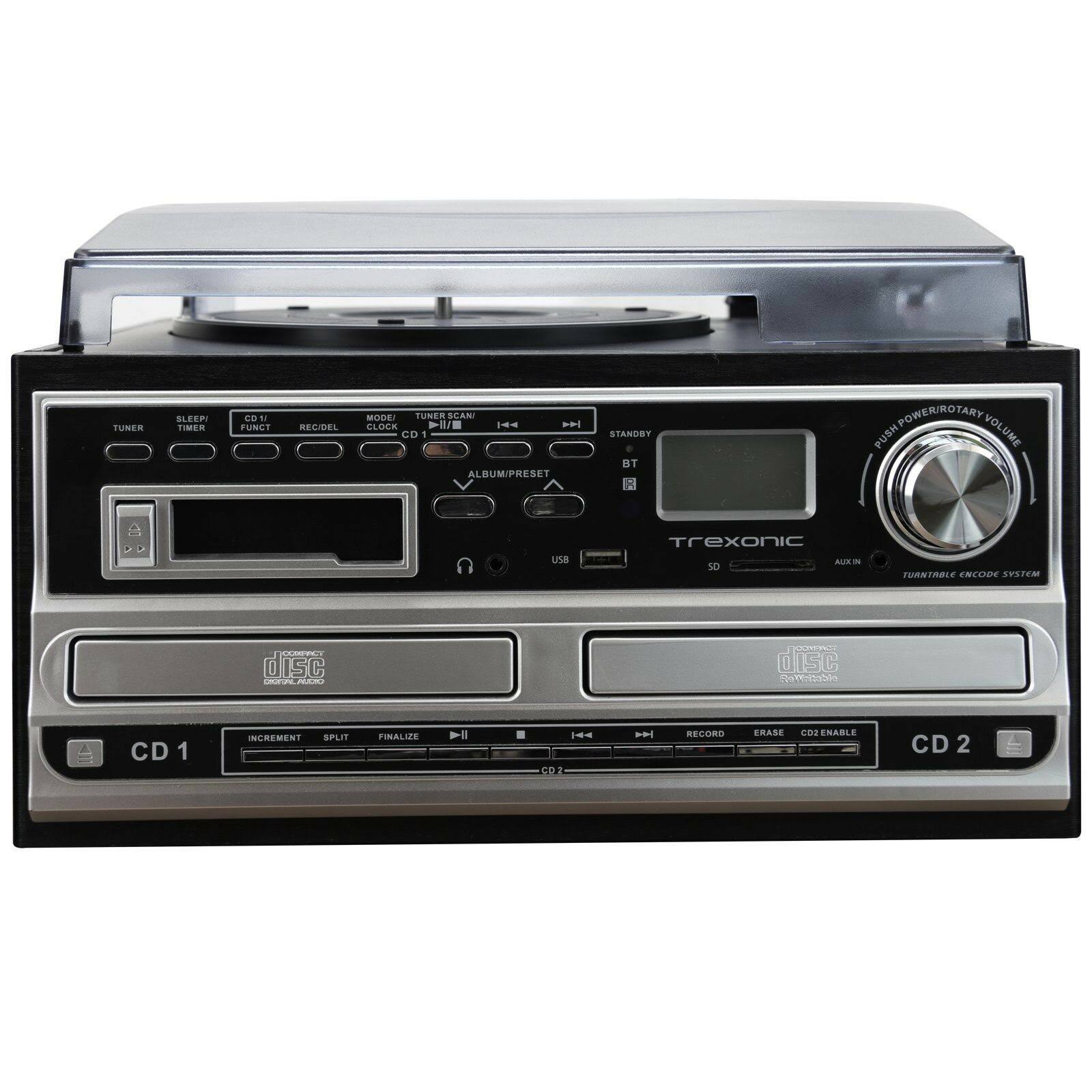 Trexonic 3-Speed Turntable with CD Player, CD Recorder, Cassette Player, Wired Shelf Speakers, FM Radio u0026 CD-USB-SD Recordin