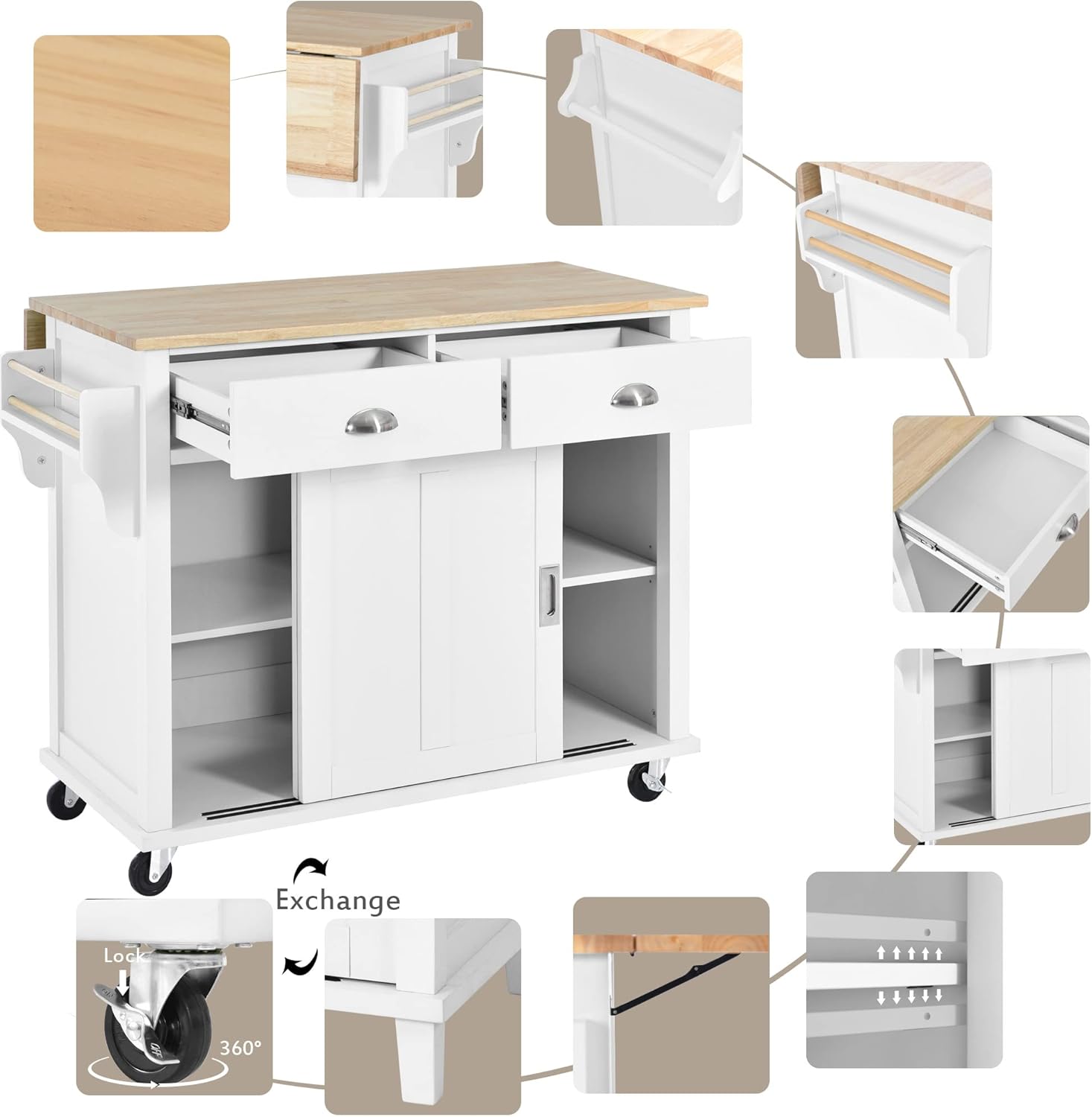 LUMISOL Mobile Kitchen Island Cart with Spice Rack and Towel Rack, Rolling Kitchen Island with Drop Leaf, 2 Drawers and Sliding Barn Doors