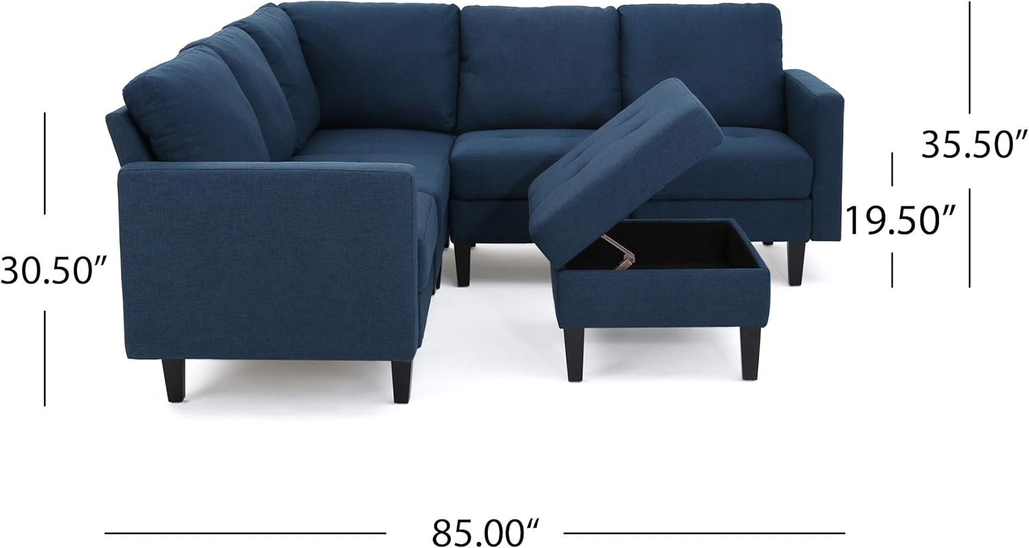 Christopher Knight Home Zahra Fabric Sectional Couch with Storage Ottoman, 6-Pcs Set, Dark Blue