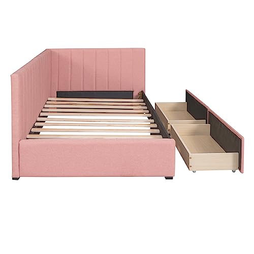 TRIPLE TREE Upholstered Daybed with 2 Storage Drawers,Twin Size Sofa Bed Frame No Box Spring Needed,Sofa Bed Couch for Bedroom Living Room,Linen Fabric,Gray