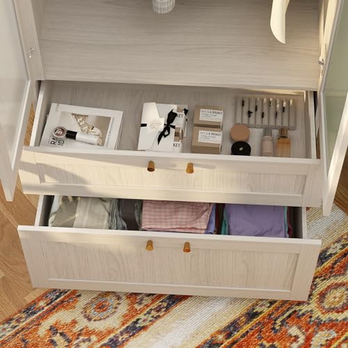 Hitow Large Wardrobe Cabinet, Wooden Armoire Closet with Frosted Glass Doors, Bedroom Wardrobe with 2 Drawer & Hanging Rod for Storage Organize, Wood Grain (63" W x 19.7" D x 70.9" H)