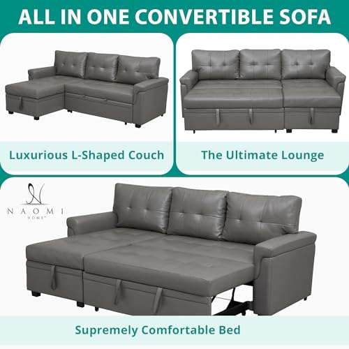 Naomi Home Jenny Sectional Sofa Sleeper with Storage Chaise, Tufted Pull Out Couch with Storage, L-Shaped Reversible Sleeper Sofa with Storage, Black,Air Leather