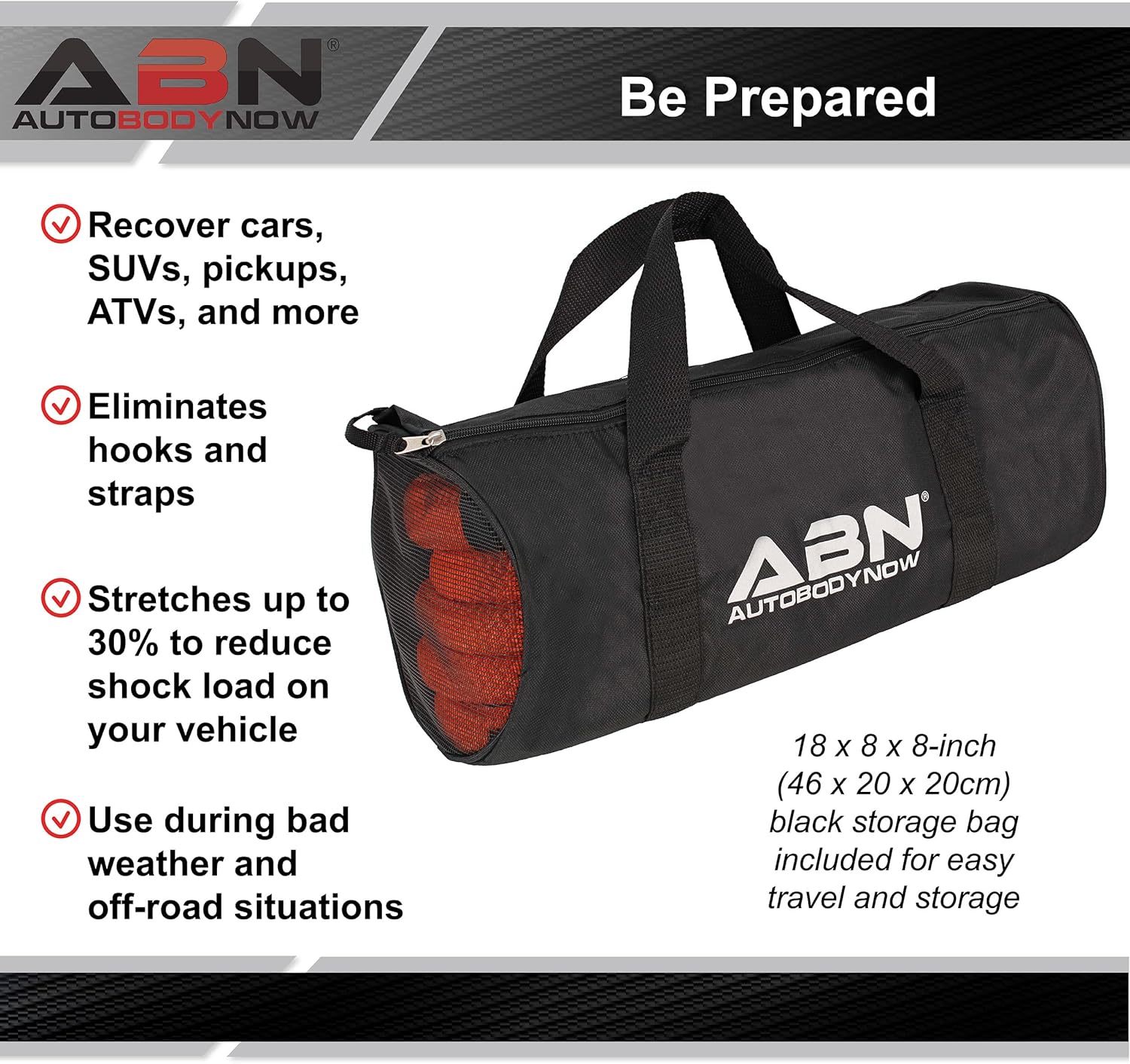 ABN Kinetic Recovery Rope - 30ft Orange Emergency 30,000lb Cap Kinetic Tow Rope Stretch Tow Ropes for Vehicles