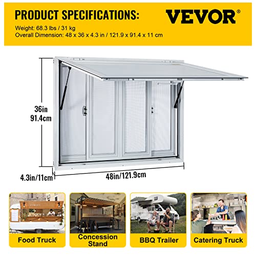 VEVOR Concession Window, 36 x 36 inch, Aluminum Alloy Food Truck Service Window with 4 Horizontal Sliding Screen Windows & Awning Door & Drag Hook, Serving Window for Food Trucks Concession Trailers