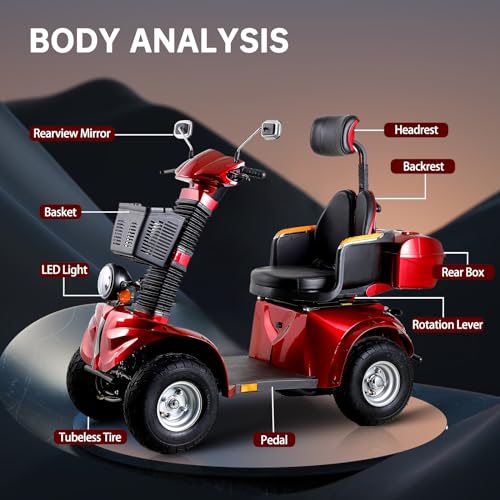 1000W Heavy Duty 4 Wheel Mobility Scooters 500lbs Weight Capacity, Powered Mobility Scooters for Seniors & Adult, 3 Speed Control Mobility with Adjustable Seat & Lazy Back, Red