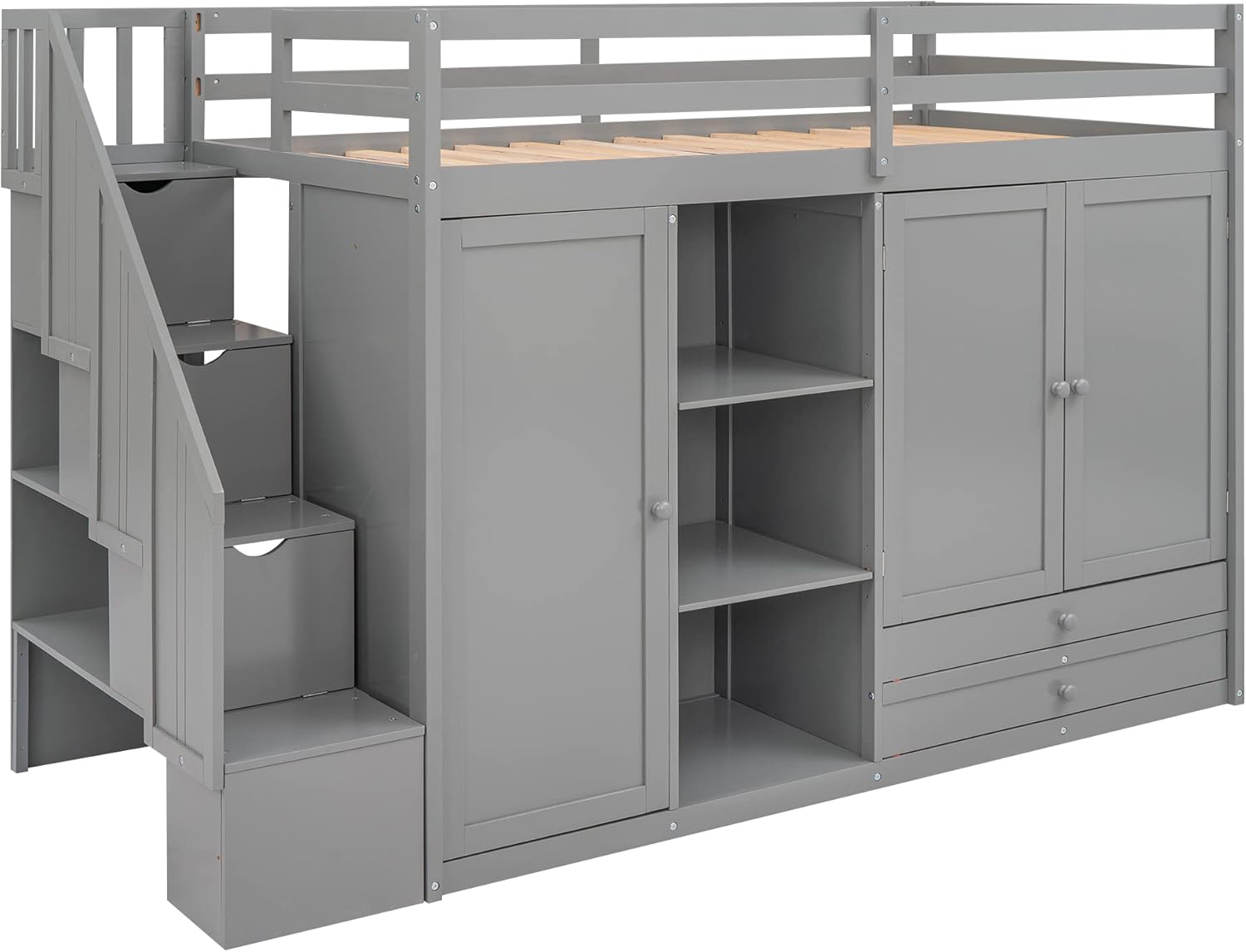 Twin Size Functional Loft Bed with 3 Shelves, 2 Wardrobes and 2 Drawers, Ladder w/Storage Stairway, Wooden Loft Bedframe, Space Saving Bedroom Furniture for Kids Teens, No Box Spring Required