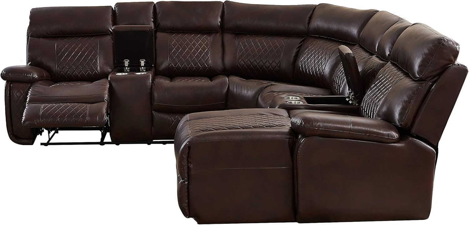 Living Room Manual Motion Upholstered Sectional, L Shape PU Leather Corner Reclining 4 Cup Holders and Storage Boxs for Villa Home Apartment Furniture, Brown Havery Duty Sofa & Couch