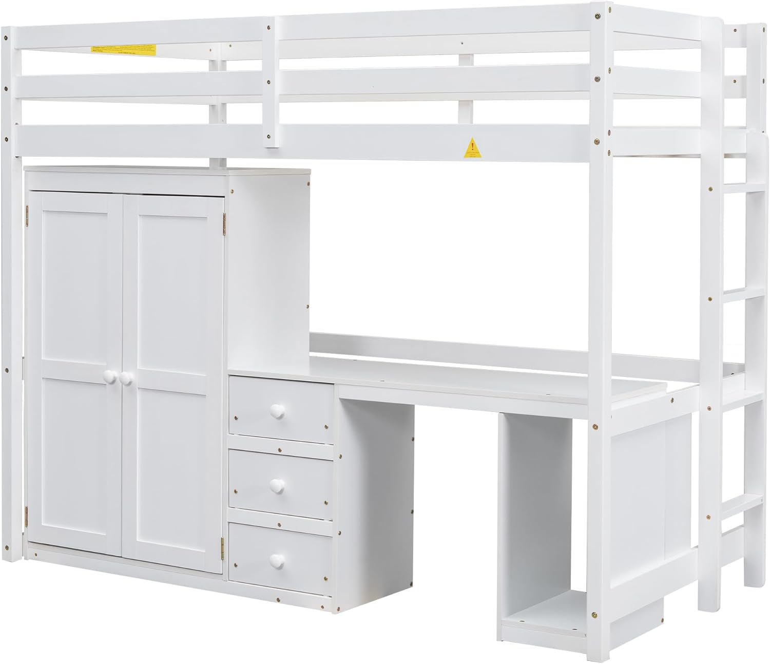 Twin Size Wood Loft Bed with Wardrobe, Desk and Storage Drawers, Versatile Wooden Loft Bed Frame with Large Storage Space for Kids, Boys and Girls, Space-Saving Design, Twin, White