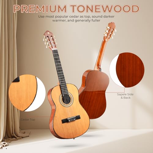 Classical Guitar Full Size 4/4 Spanish Style Classical Guitarra, 39 Inch Nylon Strings Guitar Ideal for Beginner Adults, Solid Cedar Top, by Vangoa