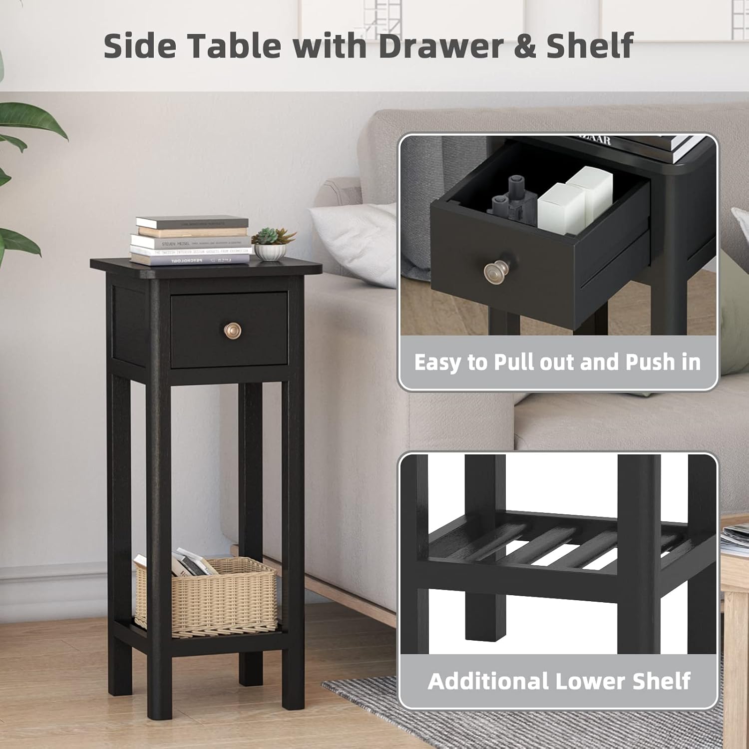 GORELAX Narrow End Table, Tall Nightstands Set of 2 with Drawer & Shelf, Slim Bedside Tables w/Anti-Tipping Device, No Assembly, Wooden Small Side Table for Small Space, Living Room, Bedroom, Black