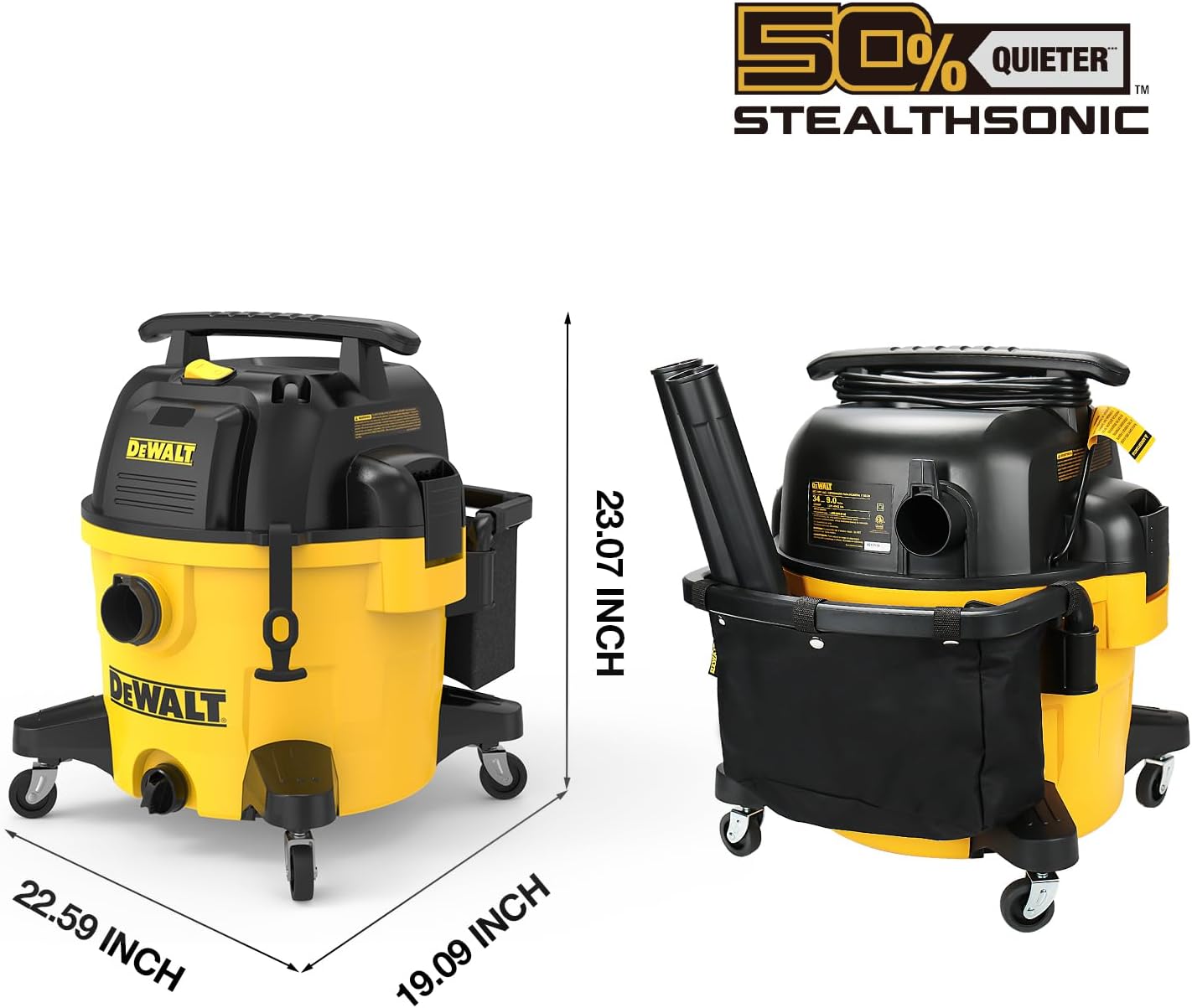 DEWALT 9 Gallon STEALTHSONIC Ultra Quiet Poly Wet/Dry Vacuum, DXV09P-QTA Newest Noise Reduction Vac, Heavy Duty Shop Vacuum for Jobsite/Workshop, Reduce Motor Noise, Yellow
