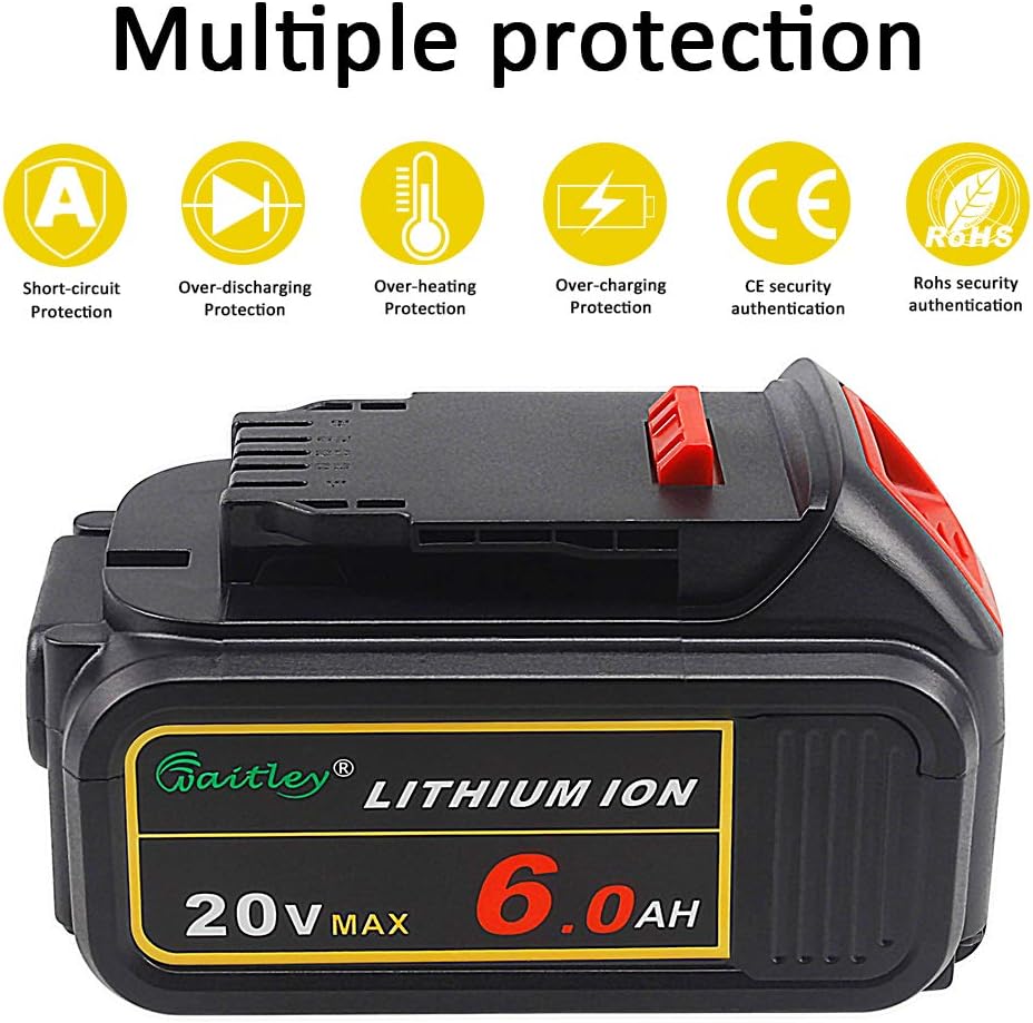 2 Pack Waitley DCB200 6.0A Replacement Battery Compatible with Dewalt 20V Tools Pack of 2
