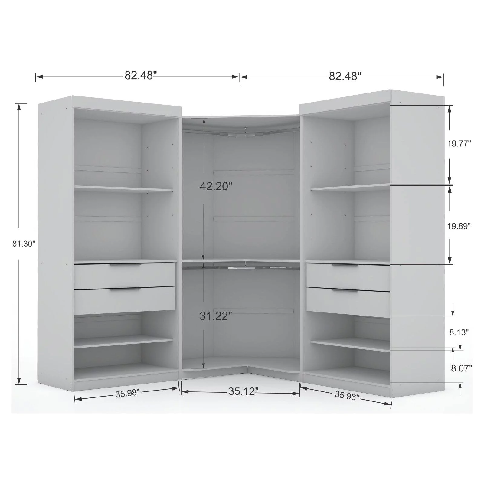 Manhattan Comfort Mulberry 2.0 Semi Open 3 Sectional Modern Wardrobe Corner Closet with 4 Drawers - Set of 3 in White