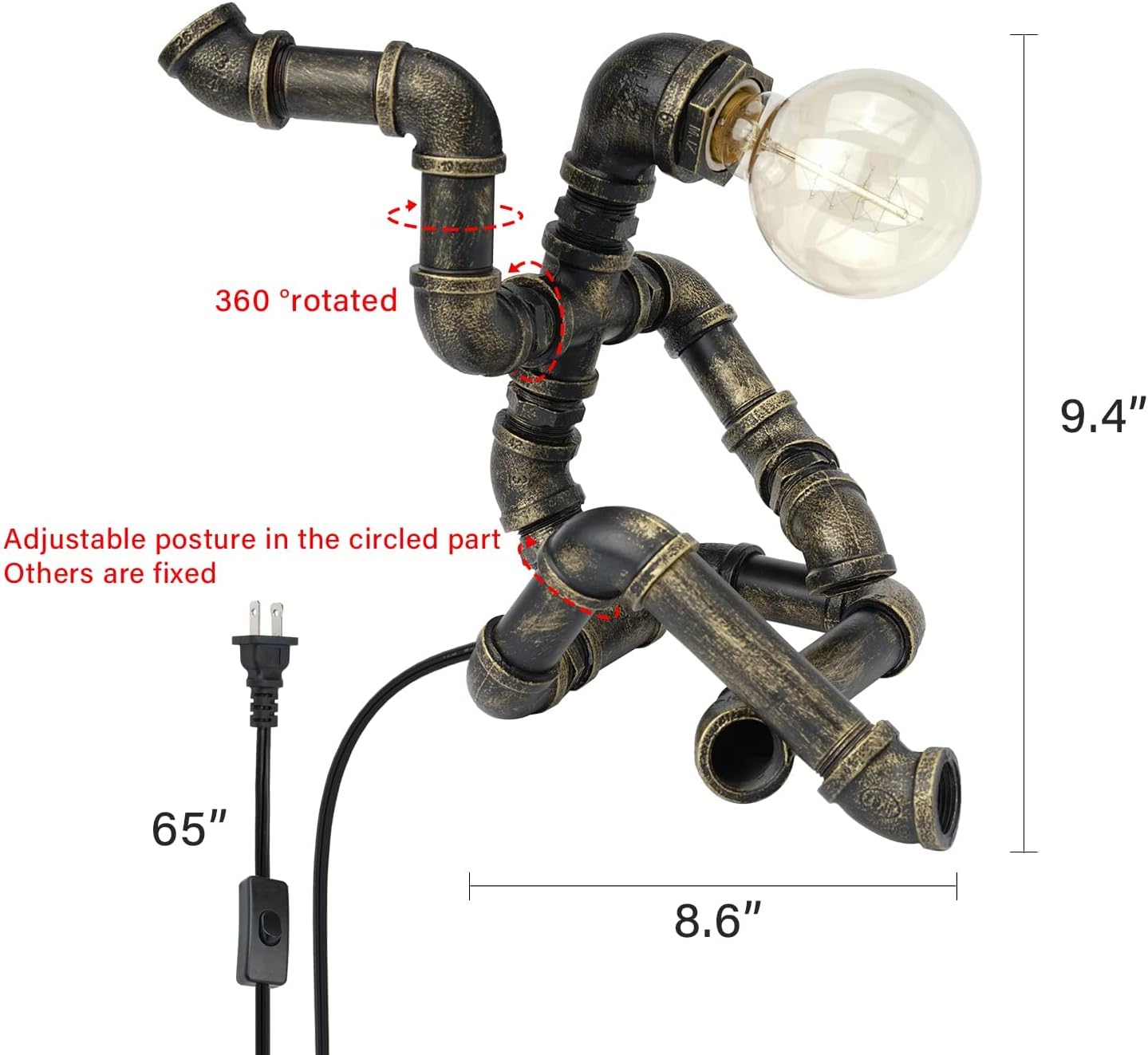 Industrial Robot Lamp Steampunk Table Lamp, Bronze Iron Pipe lamp with Button Switch, Unique Design Retro Decoration Collection for Bedroom Nightstand Bathroom Restaurant Cafe Bar